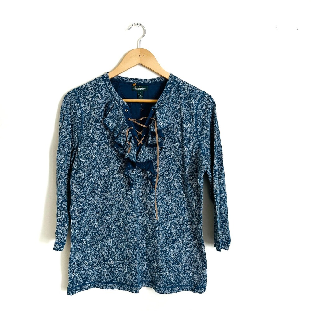 Lauren Ralph Lauren Top Size L Blue Ribbed Ruffle Neckline Henley